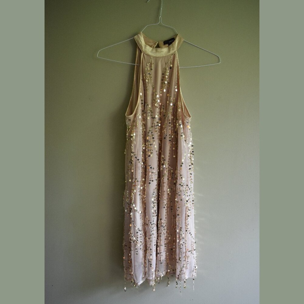 A.Peach Gold Sparkle Choker Collar Cocktail Dress